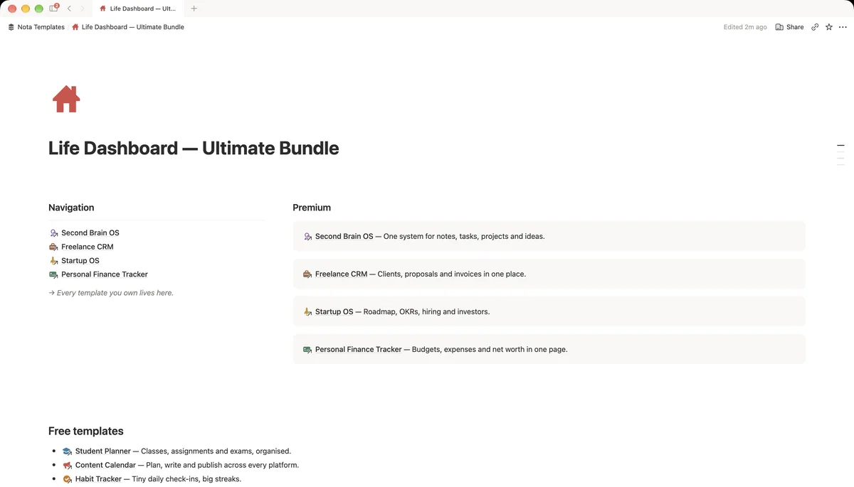 Ultimate Bundle Notion template dashboard